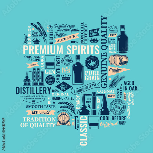 Vector alcoholic drinks typographic illustration. Distillery and alcoholic beverage icons, branding, and identity design elements