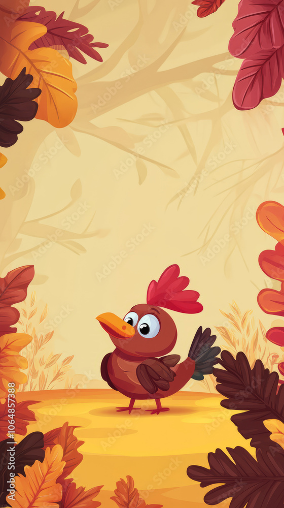 Obraz premium Cartoon chicken and Autumn leaves frame illustration vector design for greeting card,Generated By Ai