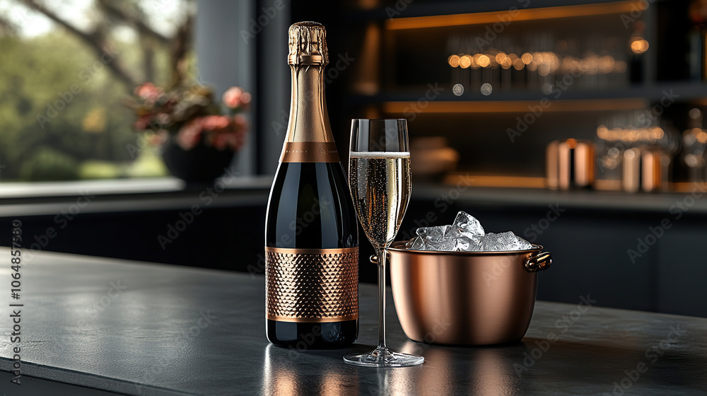 Luxurious champagne display: bottle and glasses with ice bucket against dark background Luxurious champagne display: bottle and glasses with ice bucket against dark background