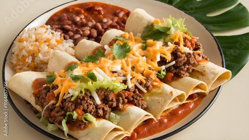 A portion of Honduran enchiladas, which are corn tortillas covered with cheese, lettuce, ground meat, and a sauce made with tomatoes. The custom of Hispanic Heritage Month photo