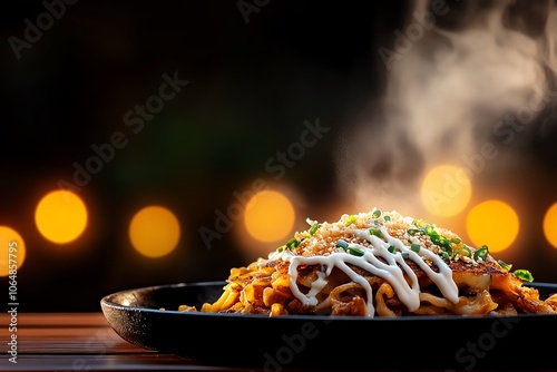 Japanese okonomiyaki pancake with bonito flakes and mayonnaise drizzle, served on a hot plate, Japanese okonomiyaki, underrated savory pancake photo