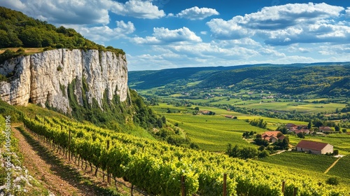 Breathtaking view of Roche de Solutr against the backdrop of lush vineyards in Bourgogne-Franche-Comté under a clear blue sky photo