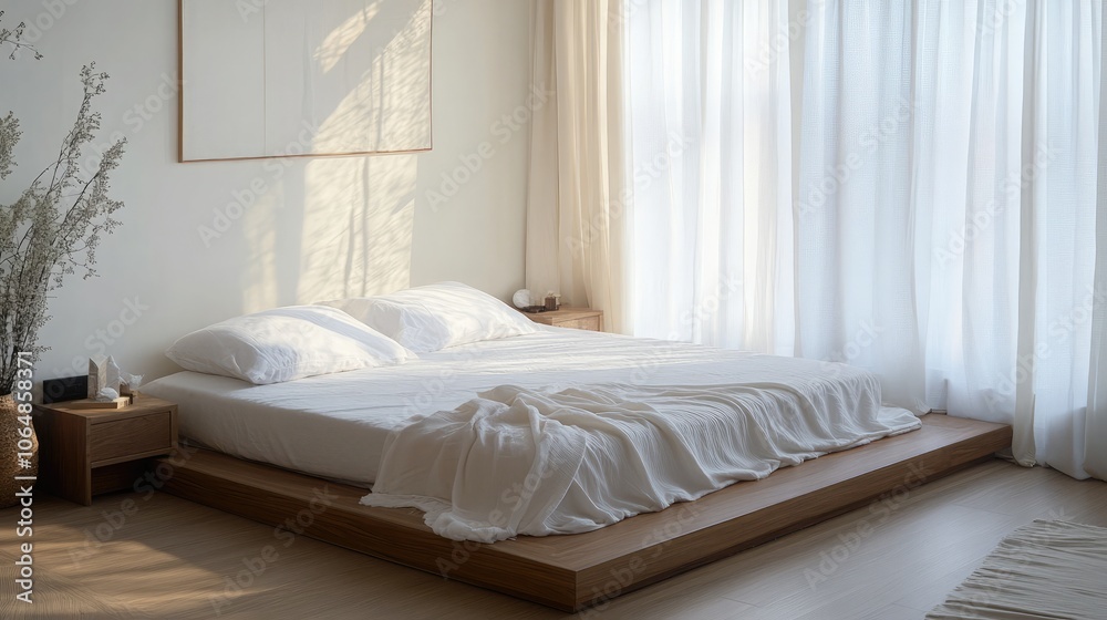 A serene bedroom setting featuring a low wooden platform bed A serene bedroom setting featuring a low wooden platform bed