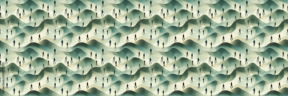 Abstract wave pattern with silhouettes of people in seamless design Abstract wave pattern with silhouettes of people in seamless design