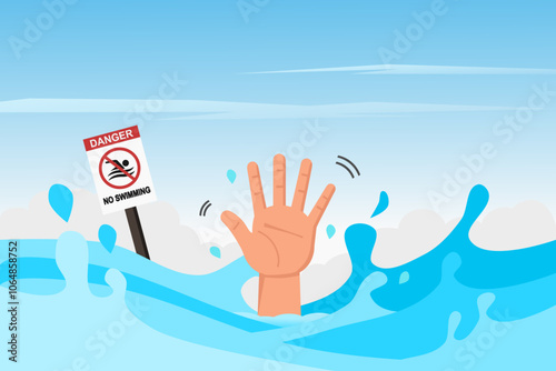 Hand of a person drowning in water reaches out to the surface to ask for help. Vector illustration.