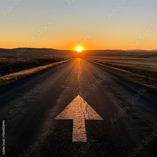 straight arrow on the road and sun setting in the background photo