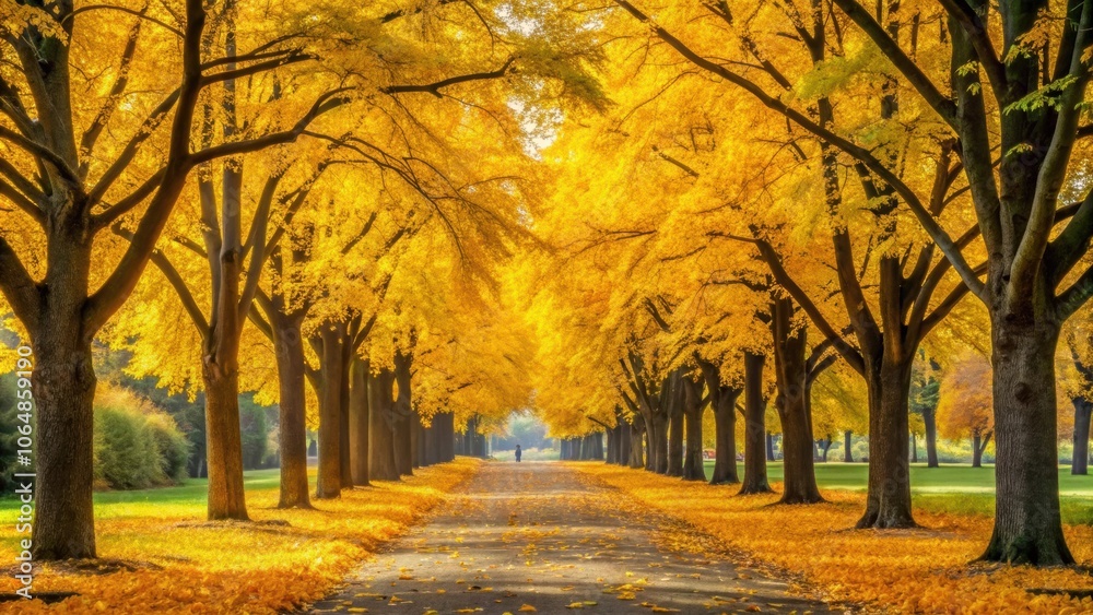 Fototapeta premium Autumn landscape in park with view of yellow trees alley in the background, fall, season, landscape, park, trees, yellow