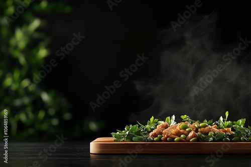 Luxembourgish judd mat gaardebounen smoked pork neck with broad beans, cozy rural dining table photo