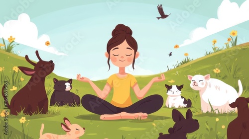 A group of small animals surround a girl meditating outdoors. Cartoon