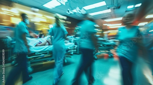 Blurred medical team rushing a patient on a stretcher, symbolizing urgent care and emergency response.