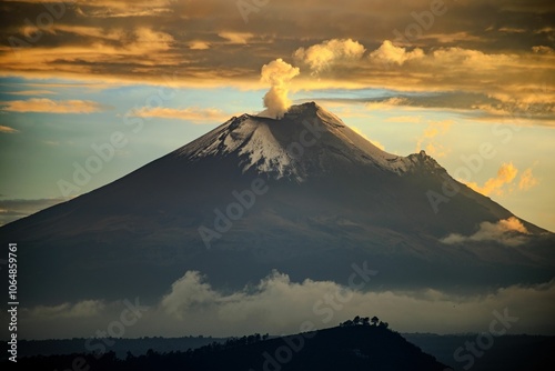 Breathtaking view of Popocatepetl volcano at sunset photo