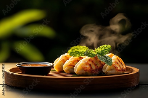 Nepalese momos with dipping sauce, arranged on a handcarved wooden plate, Nepalese momos, underrated Himalayan dumplings photo