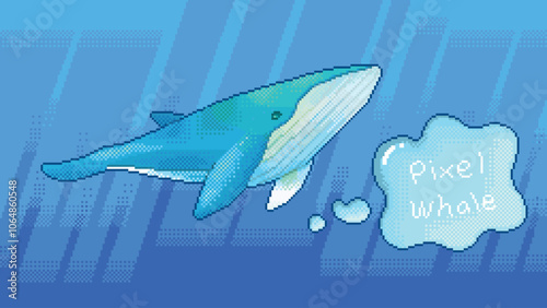 日光が差し込む幻想的な海をゆったりと泳ぐクジラと泡のフレームのドット絵