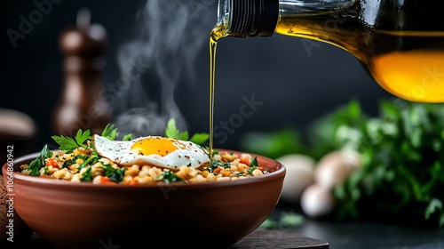 Portuguese acorda bread soup with poached egg and olive oil drizzle, rustic terracotta dish, Lisbon food market vibe photo