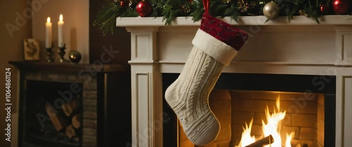 Christmas stocking hanging over a fireplace with a warm fire glowing inside photo