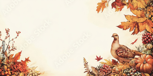 Autumn Floral Vector Frame with Chicken,Turkey and Maple Leaves,Thanksgiving Concept,Generated By Ai photo