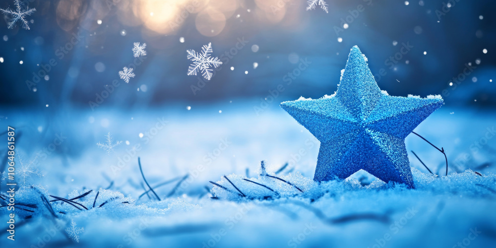 Charming Christmas Setting with Blue Star Decorations on a Snowy Background Charming Christmas Setting with Blue Star Decorations on a Snowy Background