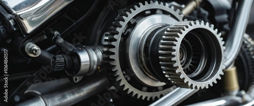 An extreme close up of a powerful racing engine with details of chrome and exposed gears