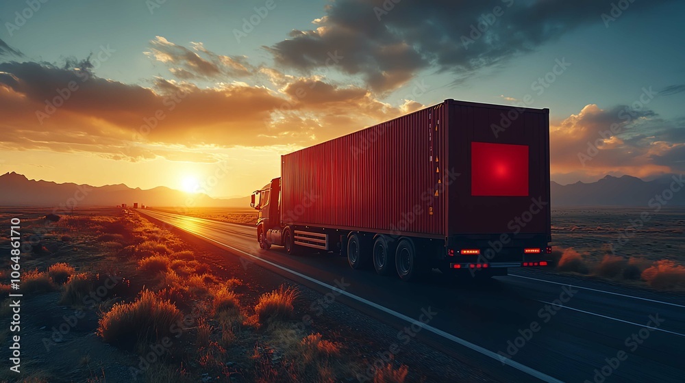 Red truck on a road during sunset with dramatic clouds and golden light. Red truck on a road during sunset with dramatic clouds and golden light.