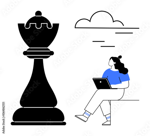 Woman seated with laptop beside a large chess piece, with a cloud above. Ideal for strategy, thinking, planning, decision-making, online learning, business solutions, remote work. Line metaphor