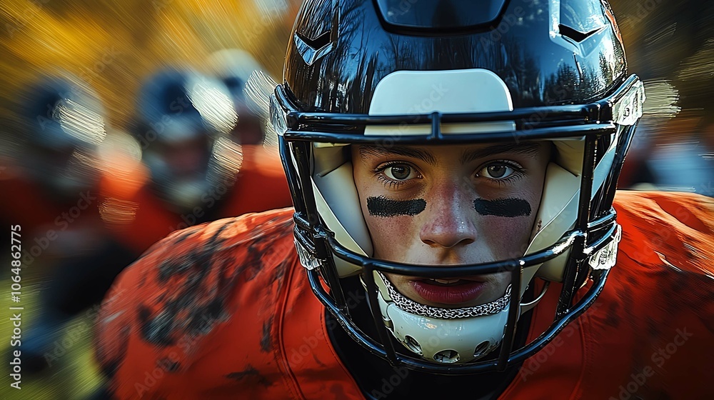 Young athlete focused on the game, wearing protective gear, intense expression. Young athlete focused on the game, wearing protective gear, intense expression.
