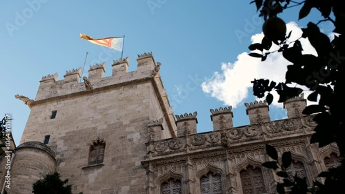 Facade silk market Valencia waving flag