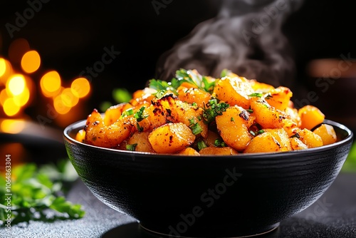 Stirfried lotus root with ginger and garlic, served in a rustic bowl, Chinese stirfried lotus root, underrated vegetarian dish photo