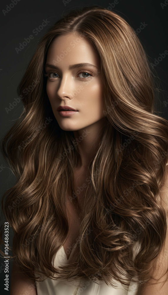 portrait of a working woman in a business suit and her hair is brown shade color, popular fashion hair style.