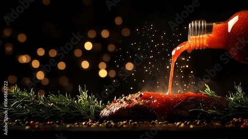 Tasmanian pepperberry sauce pouring over roasted lamb, rich and spicy, Pepperberry sauce, concept gourmet native condiments photo