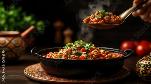 Traditional Turkmen gutap stuffed with spiced meat, captured in a warm, rustic kitchen with colorful fabrics and pottery, Turkmen cuisine, homemade specialty