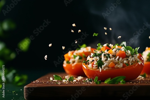 Turkmen stuffed peppers with rice and herbs, steaming fresh from the oven in a rustic kitchen, stuffed peppers, homecooked meal photo