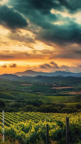 Breathtaking panorama of Mandrolisai vineyards under a dramatic sunset sky showcasing Sardegna’s agricultural beauty photo