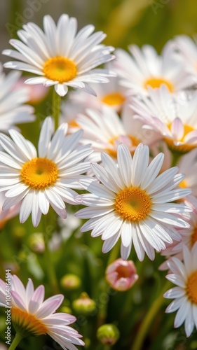 A field of daisies blooms in the bright sunlight