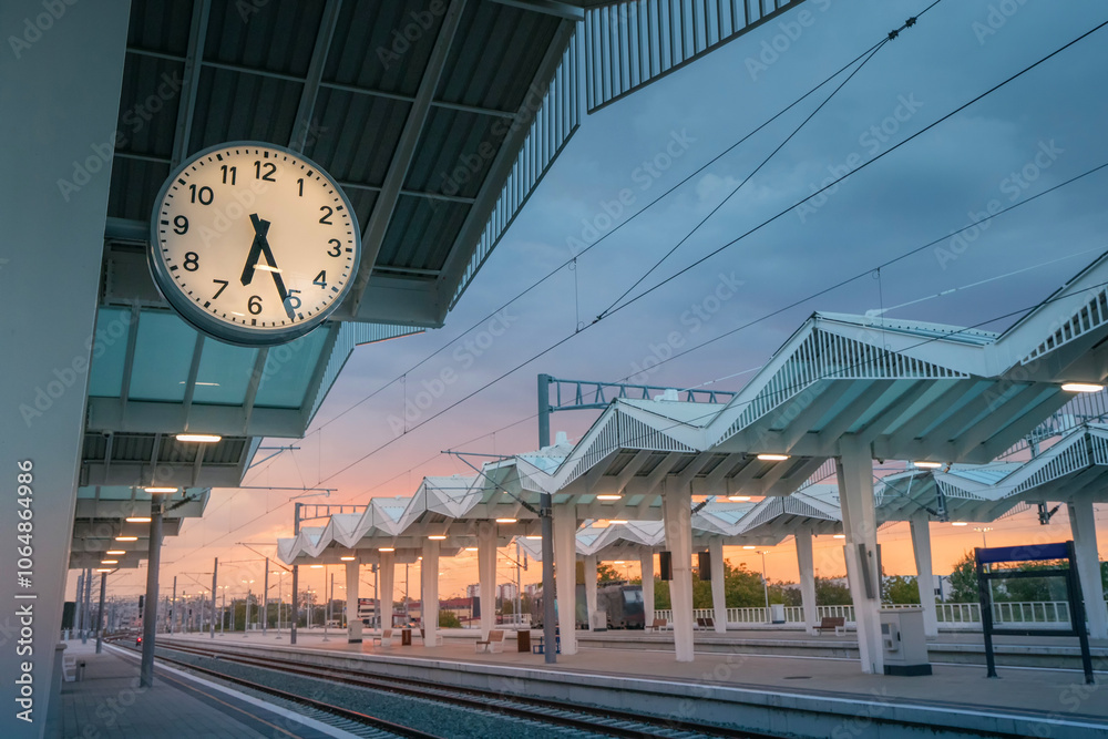 Public transportation railway platform as a hub, highlighting the travel experience in Europe, complete with a clock for keeping time and accommodating tourists on their trips
