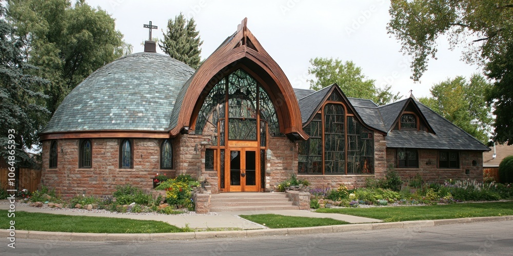 A modern church building featuring a distinctive dome and large windows surrounded by greenery. A modern church building featuring a distinctive dome and large windows surrounded by greenery.