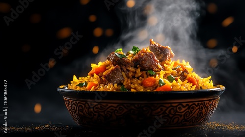 Vibrant Tajik osh, a rice dish with carrots and tender lamb, served in a decorative clay pot with fragrant spices, Tajik cuisine, home cooking photo