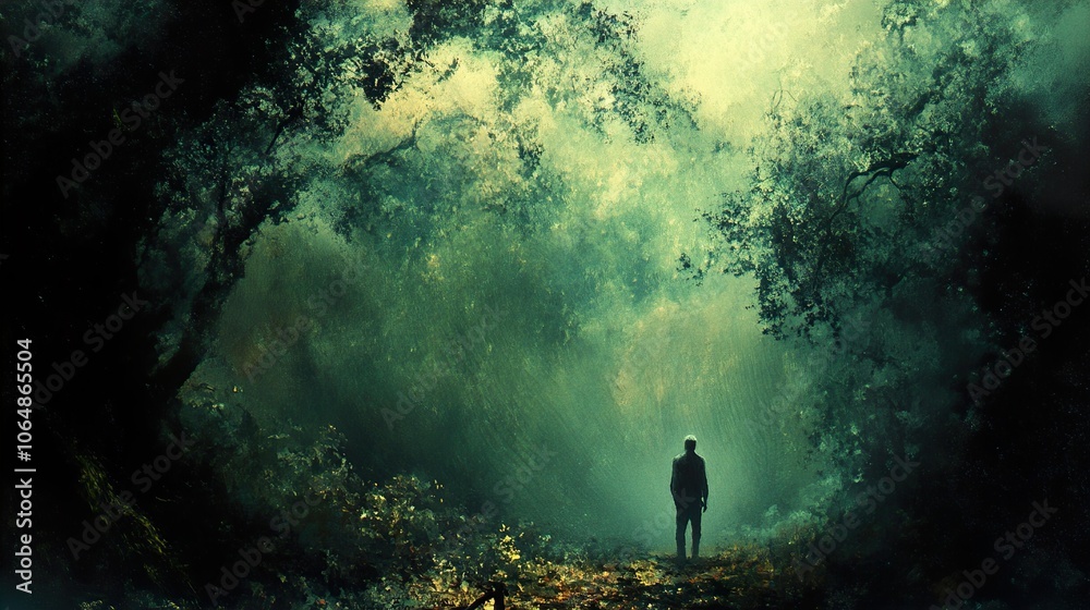 A Solitary Figure in a Foggy Forest A Solitary Figure in a Foggy Forest