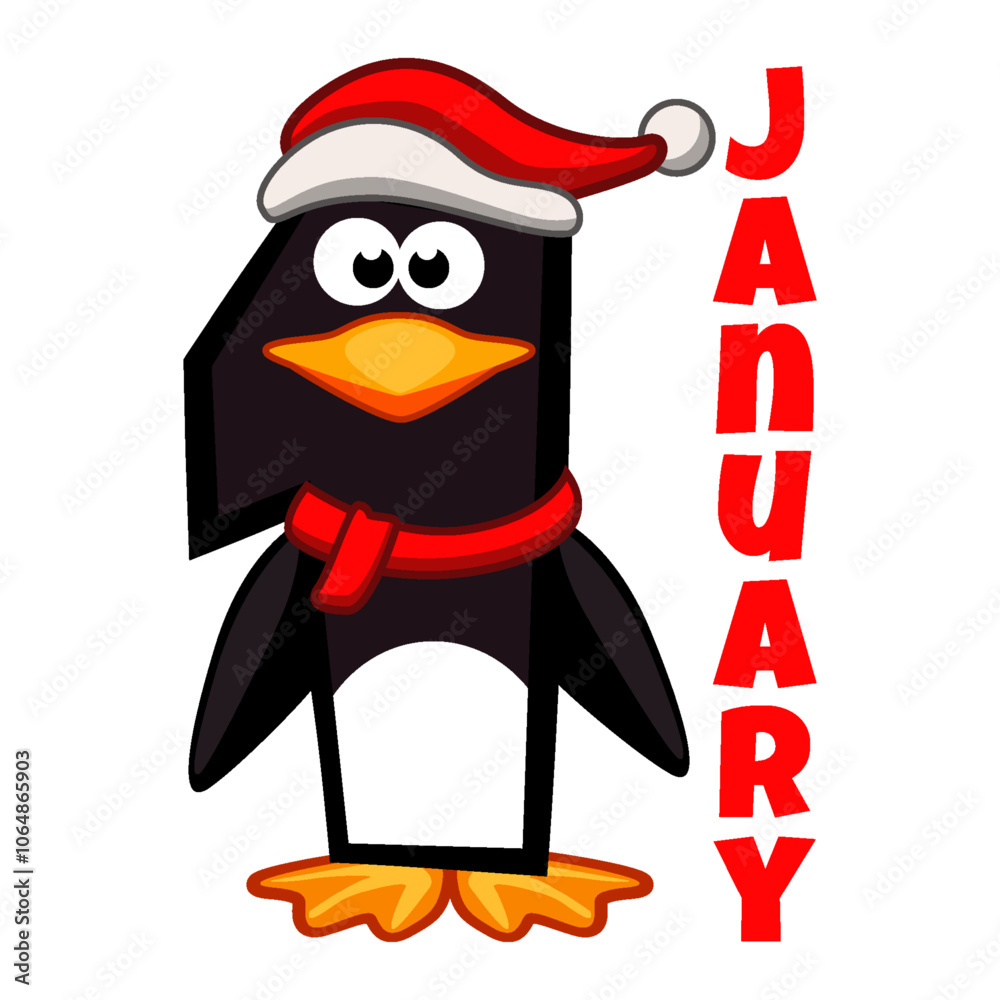 Obraz premium Illustration 1January -Happy New Year with penguin number. Calendar Date