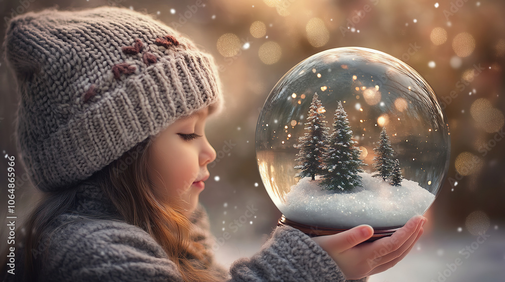 Naklejka premium Enchanted Winter Moment with Snow Globe and Child (christmas-tree)