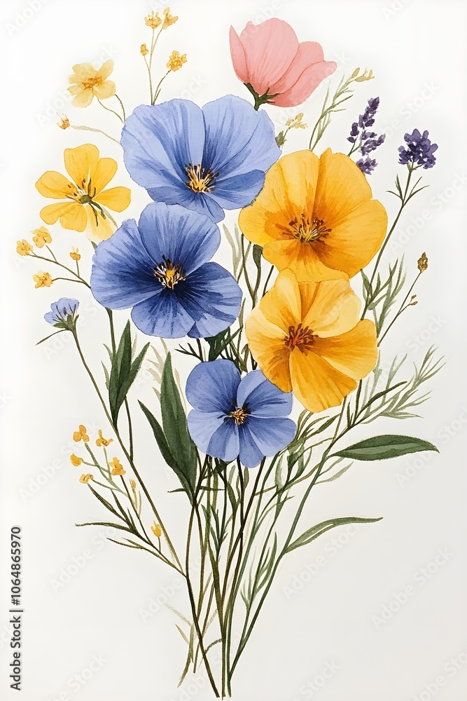 A drawing of a simple wildflower bouquet with fine tender leaves A drawing of a simple wildflower bouquet with fine tender leaves
