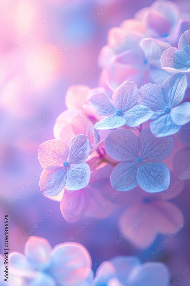 Purple and blue gradient background with pastel flowers, light pink and purple blurred background, white petals of hydrangea flower. Purple and blue gradient background with pastel flowers, light pink and purple blurred background, white petals of hydrangea flower.