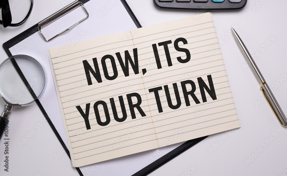 Keyboard, Notebook, Pen and Magnifying Glass on Blue Background , Text Now, Its Your Turn.