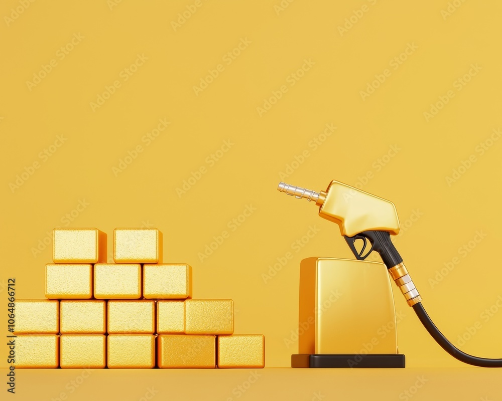 Modern visual metaphor of fuel costs, gold gas pump with black nozzle beside several gold bricks, minimalist background adding focus to the theme. Modern visual metaphor of fuel costs, gold gas pump with black nozzle beside several gold bricks, minimalist background adding focus to the theme.