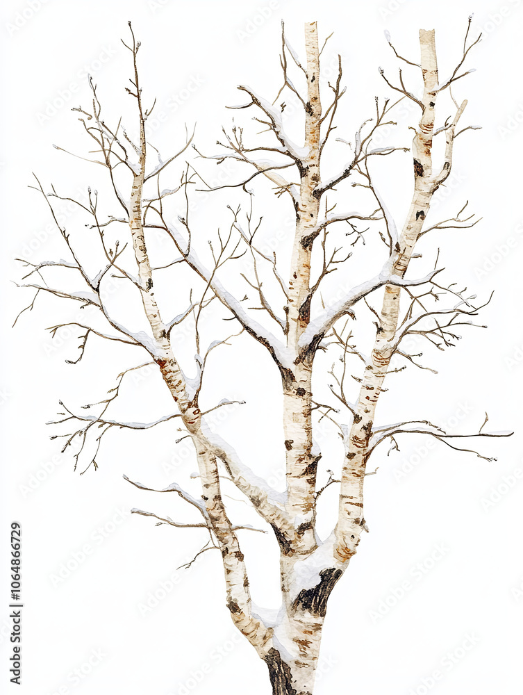 Obraz premium cozy watercolor style birch tree with snow covered branches, showcasing beauty of winter. delicate details highlight serene atmosphere of snowy landscape