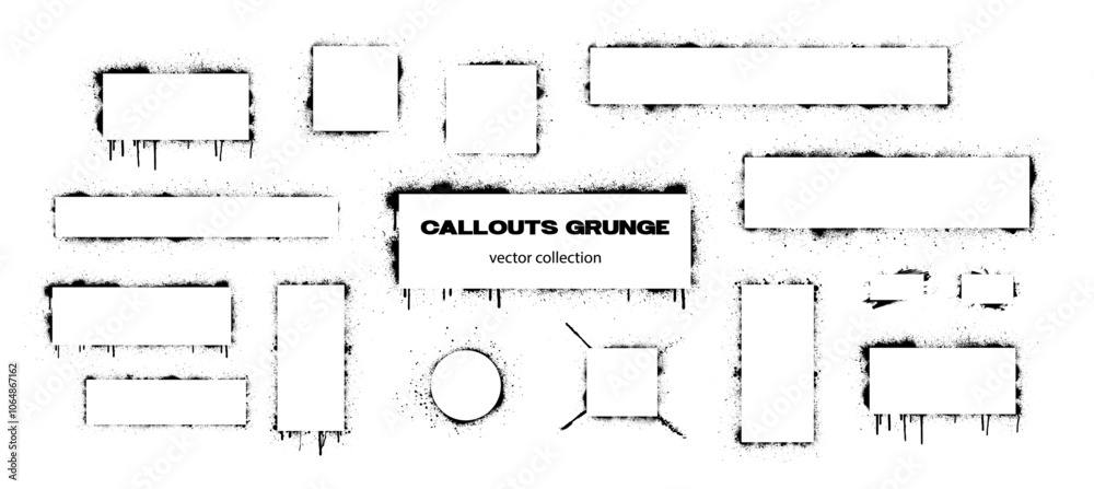 Universal grunge callouts with spray painted frame, rectangles, squares, with the effect of splashes, torn sides. Universal grunge shapes for text with spray, graffiti effect. Vector graphic set