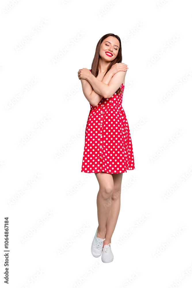 Full size photo of charming lady closing eyes wearing polka dot dress skirt isolated over teal turquoise background Full size photo of charming lady closing eyes wearing polka dot dress skirt isolated over teal turquoise background