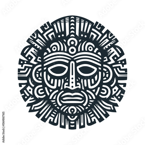 Big eyed ancient mask. Black white vector illustration.