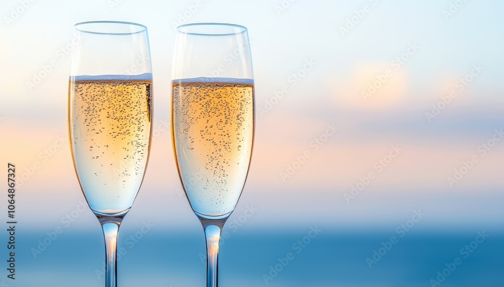 Romantic celebration with champagne flutes at sunset, blurred ocean view in the background, sparkling luxury Romantic celebration with champagne flutes at sunset, blurred ocean view in the background, sparkling luxury