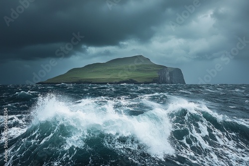 An island in the middle of a stormy sea, with waves crashing against it, dark clouds overhead.