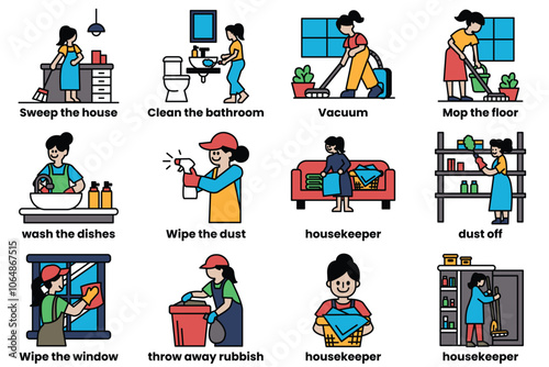 Set of icons in the concept of cleaning staff doing housework in a line style